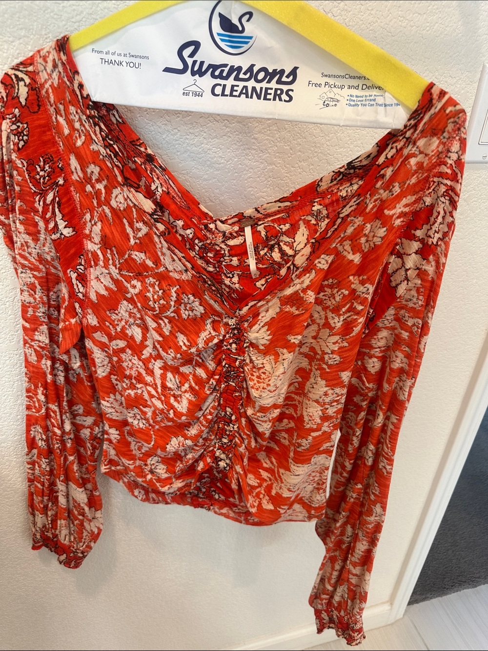 Free People Red and Cream Floral Ruched Long-Sleeve Blouse